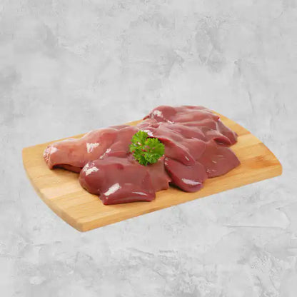 Certified organic chicken livers on a light background.