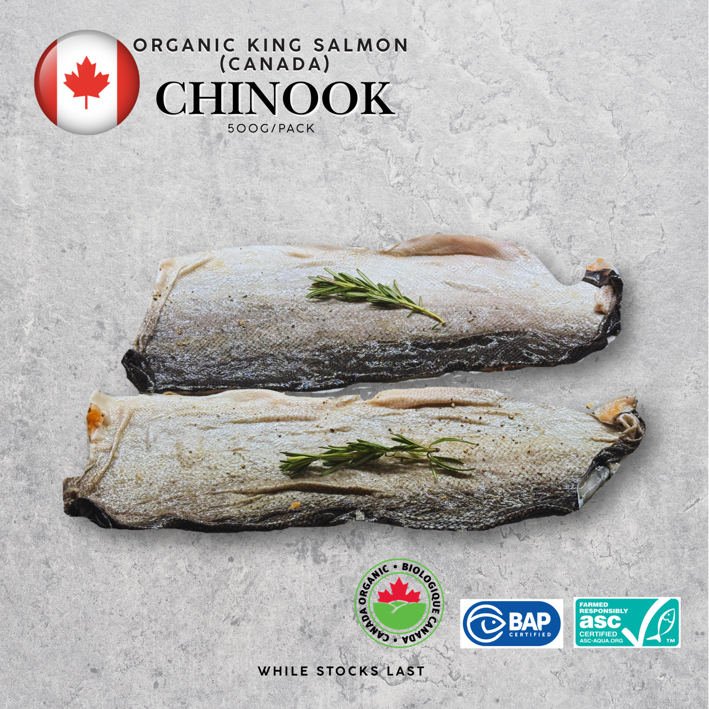 Organic Canadian Chinook (King) Salmon Skin Only (500g, Frozen)
