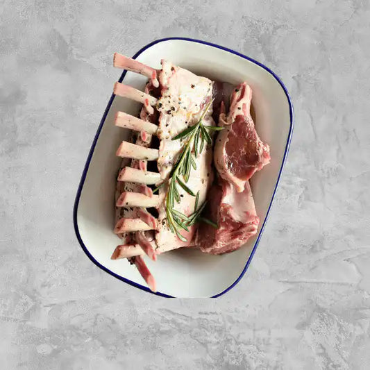 Chilled Frenched lamb rack, cap off, Australian grass-fed.