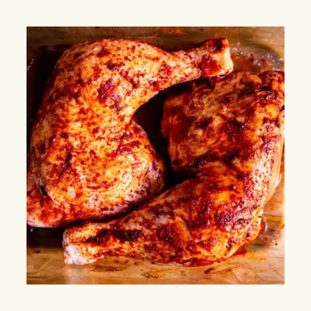 Marinated certified organic chicken marylands close-up.