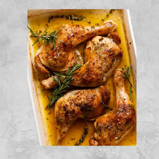 Marinated certified organic chicken marylands on a light background.