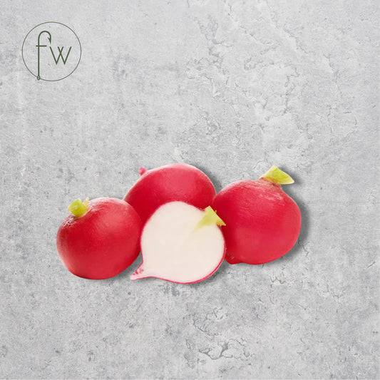 European red baby radish on a light background.