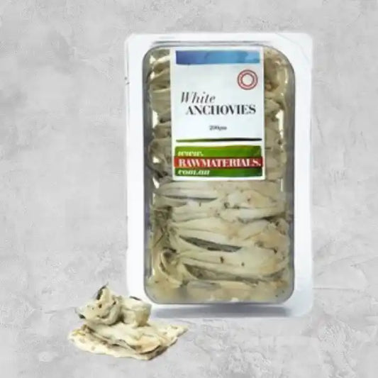 Raw Materials white anchovies on a light background.